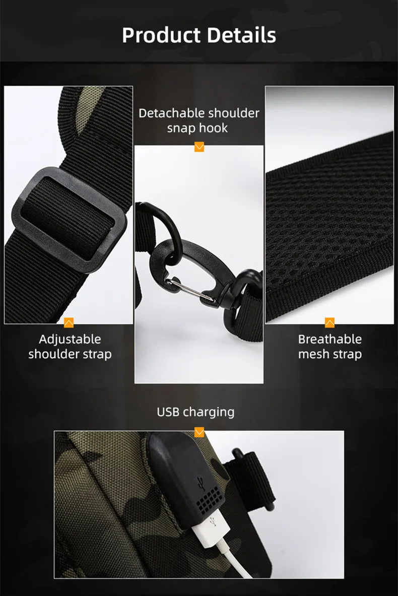 Tactical Crossbody Chest Bag with USB Charging Port β Durable Sling Backpack for Biking, Hiking, Travel
