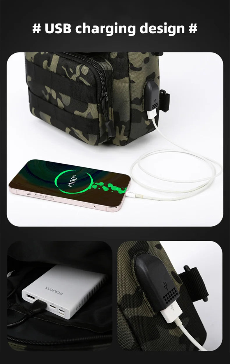 Tactical Crossbody Chest Bag with USB Charging Port β Durable Sling Backpack for Biking, Hiking, Travel
